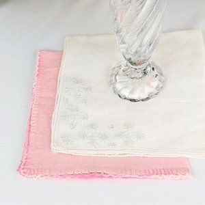 Pair of Antique Embroidered Organza Linen Cocktail Dinner Napkins White and Pink